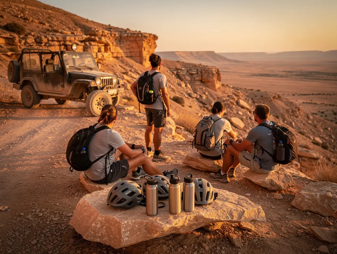 קבוצה נחה בתצפית מדברית ליד רכב שטח בשעת שקיעה